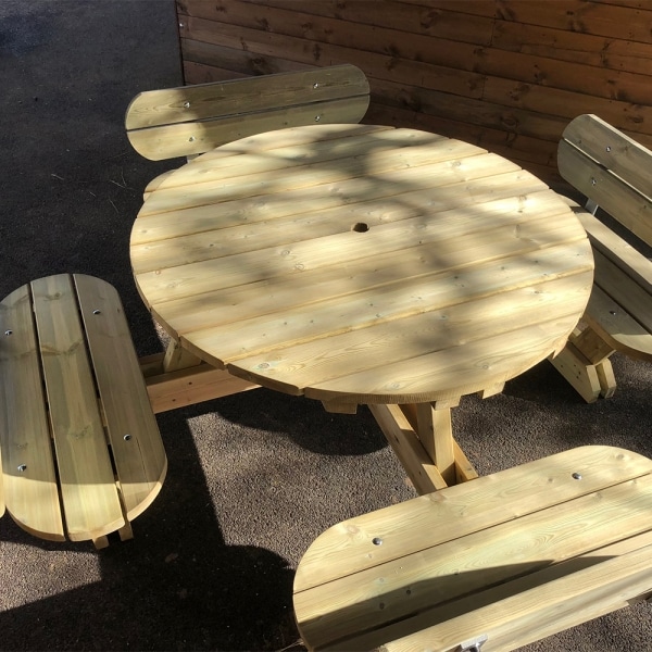 Traditional pub-style round picnic bench with seat backs to seat 8 people