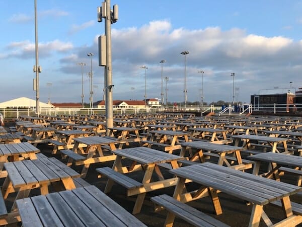 Pub style 6 seater picnic benches at racecourse