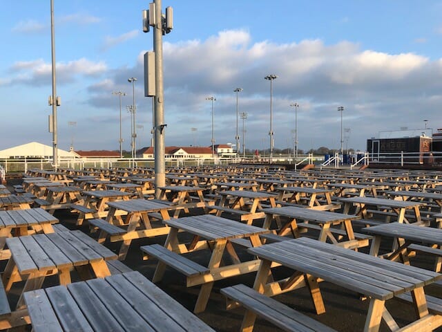 Pub style 6 seater picnic benches at racecourse