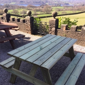 A-frame 6 seater wooden picnic table on the terrace