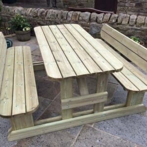 8-seater wooden walk in picnic bench with rounded edges and seat backs